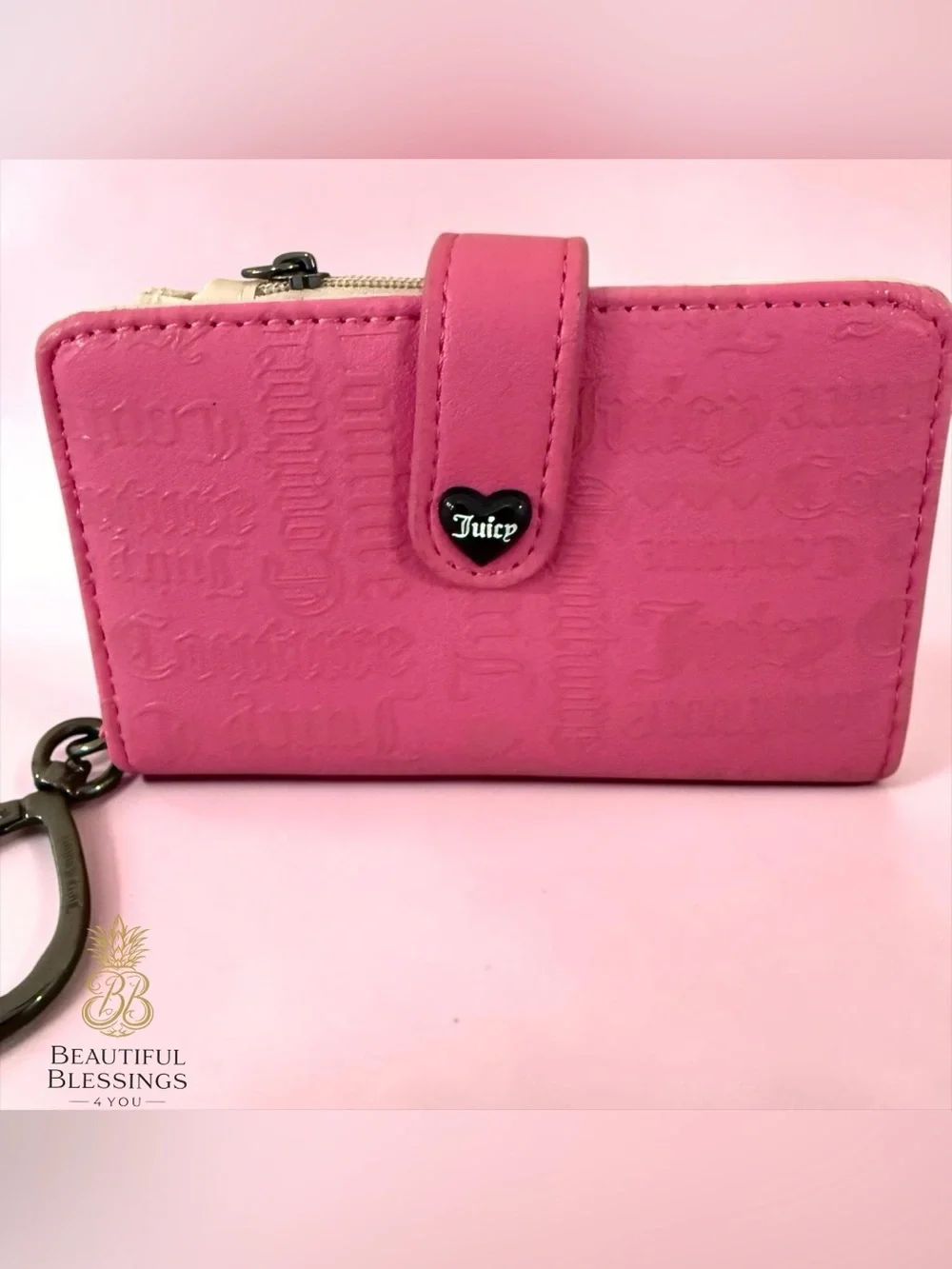 Juicy Couture Pink Embossed Logo Bifold Wallet Heart Keychain Zip Coin Pocket